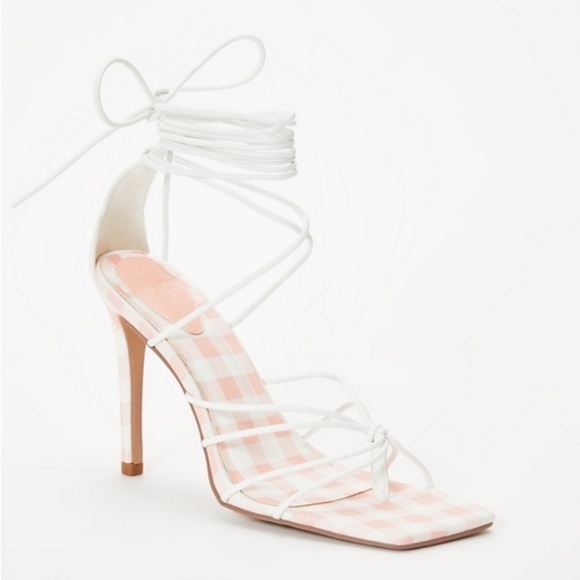 NEW Just Fab Scarlett Gladiator Heeled Lace Up Square Toe White & Gingham Sandal - Picture 3 of 11